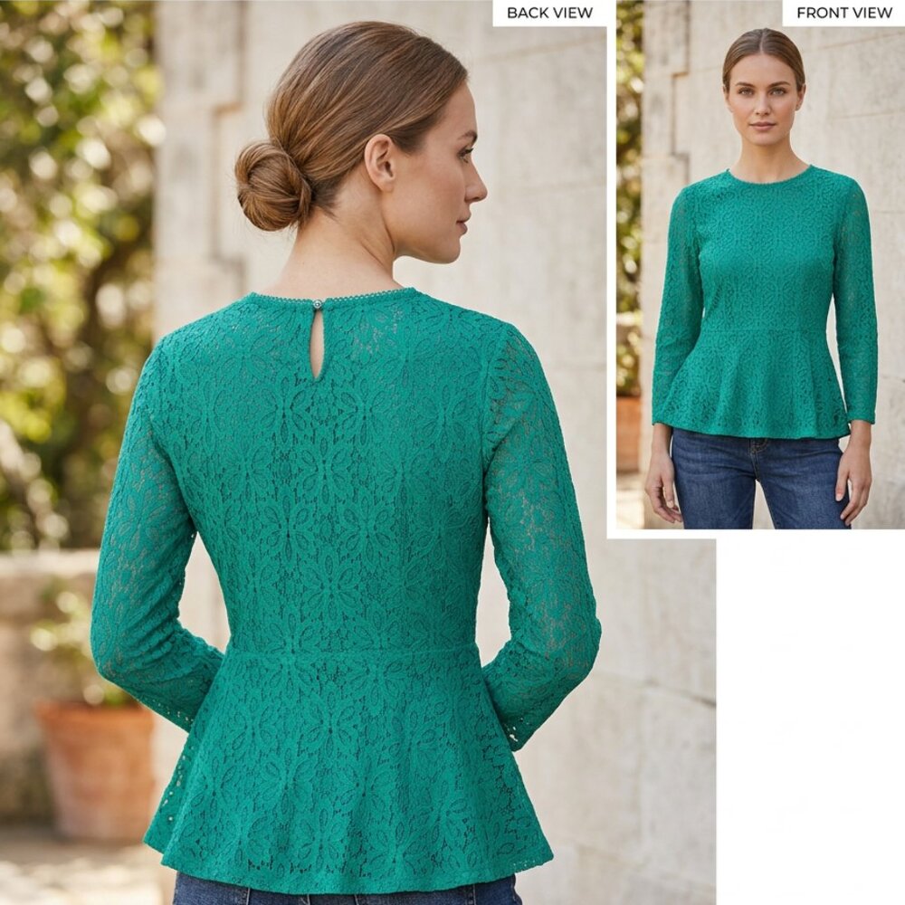 Anthropologie Moulinette Soeurs: Floral Lace Peplum Blouse Vibrant Kelly Green